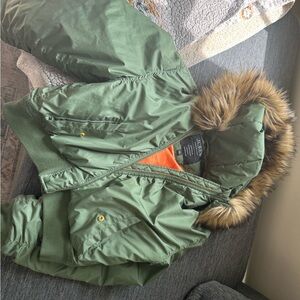 J. Crew Olive Green Puffer Jacket with Faux Fur Hood and Orange Lining